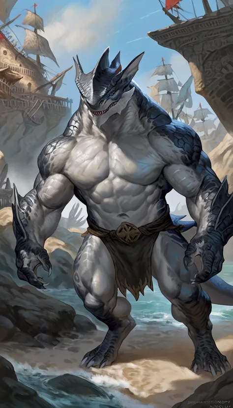 sharkman, gray belly, black and blue hands and fins, black back, solo, big arms, koholasaurus from genshin impact, bara, detailed smooth skin on abs, lizard shark hybrid, anthro, shark head, detailed scales, muscular, thick scalie arms and legs, proporcion...