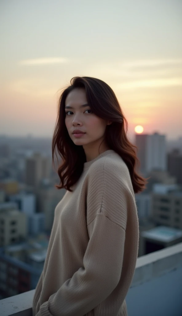 A 37-year-old woman in a beige sweater, standing on a rooftop overlooking the city at dusk.