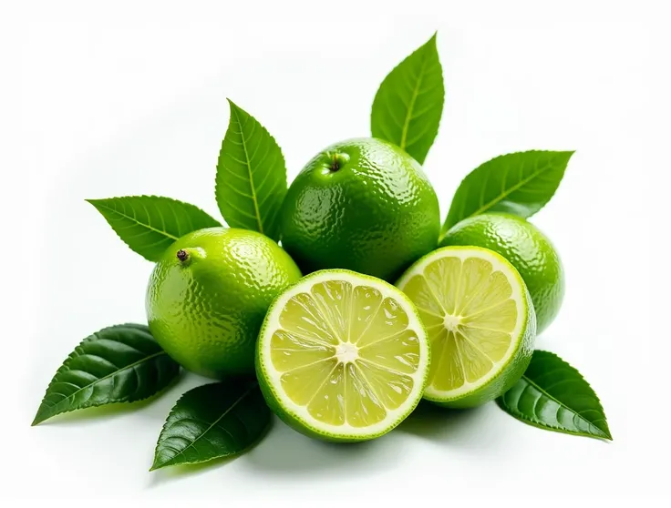 Ultra High quality and detailed Ultra realistic Set of fresh delicious limes splashing with leaves, cut out on white background