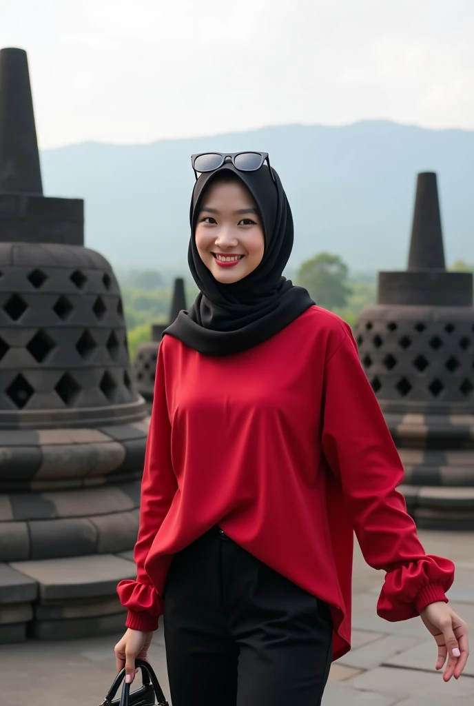  a Korean woman with beautiful face natural white smooth and cute ,  wearing a black hijab ,  wearing a red asymmetrical blouse with stylish design wearing black trousers wearing sunglasses placed on head carrying Hermes bag,  posing stylishly smiling chee...