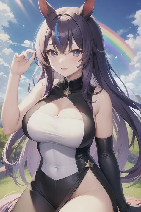 Horse Girl、Horse ears、 rainbow-colored hair、Gradient hair texture、 long hair、Rainbow Eyes、whole body、 muscular、 cute smile、