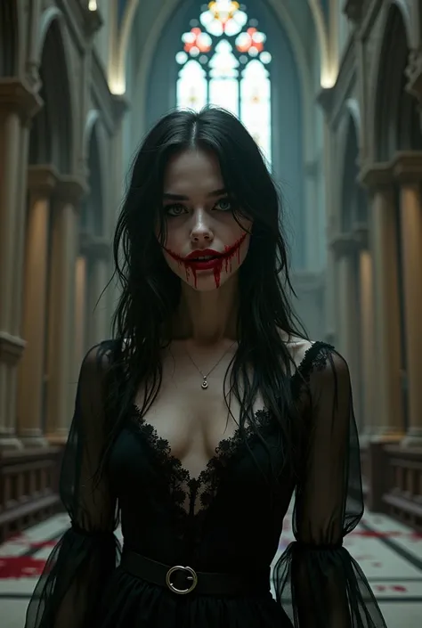 Vampire girl with blood and smiling in cathedral