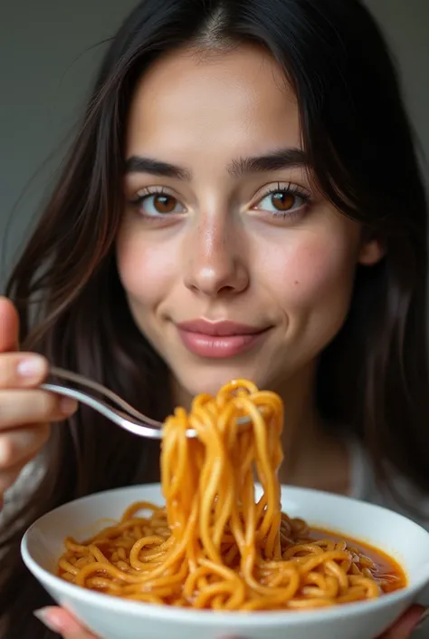 SELFIE OF A PRETTY IRANIAN GIRL EATING NOODLES