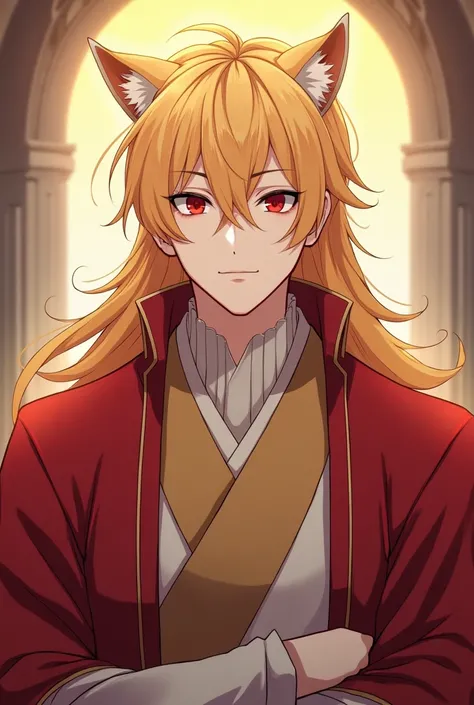 The anime man is a brave man with golden hair, red eyes, wearing royal robes, full-bodied, white-skinned, handsome, handsome, admired once a human, a fox, 24 years old, polite and elegant, calm and discreet.