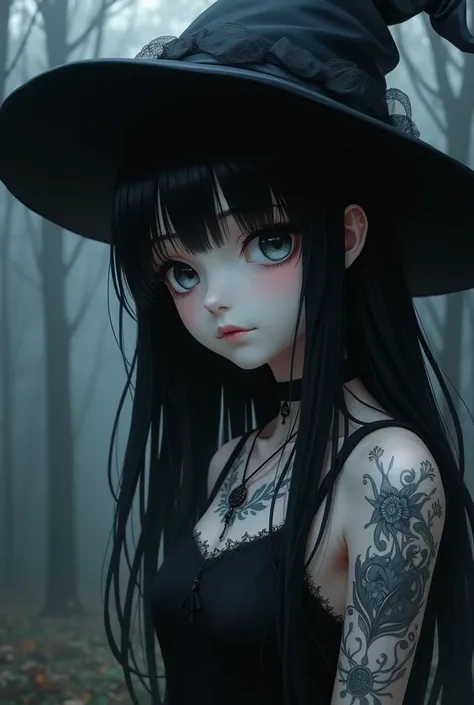 Pale anime girl straight black hair witch hat with black top and arms full of tattoos