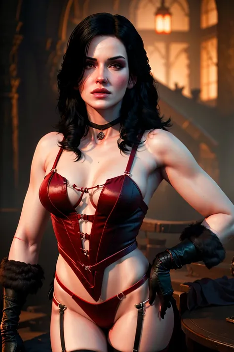 A yennefer wearing a red lingerie in the style of y3nn3f3r