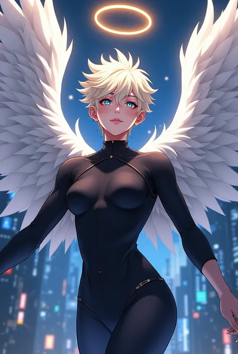 Make an anime angel gamer boy with black clothes, a golden ring on his head, 2 white wings at back