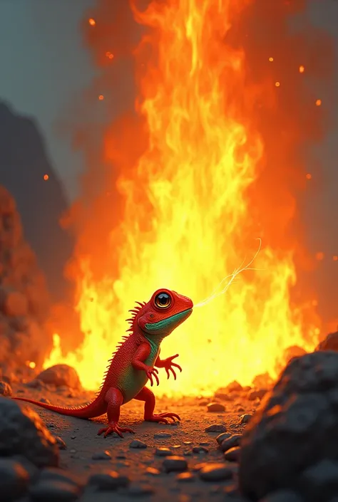 Small lizzard blowing air on huge fire