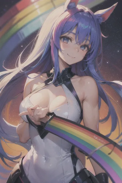 Horse Girl、Horse ears、 rainbow-colored hair、Gradient hair texture、 long hair、Rainbow Eyes、whole body、 muscular、 cute smile、