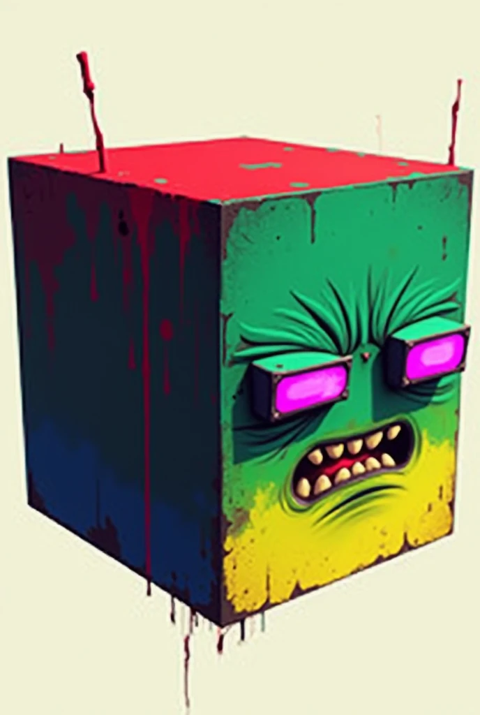 cube, front part is divided into four colors; red (top left), green (top right), blue (bottom left), and yellow (bottom right). The eyes are rectangular, phosphorescent purple and with an angry expression, there is no mouth or nose, cyberpunk style.

