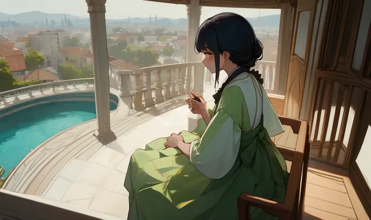 The woman sat facing the back, leaning down to the balcony facing the front, wearing a jipu dress.