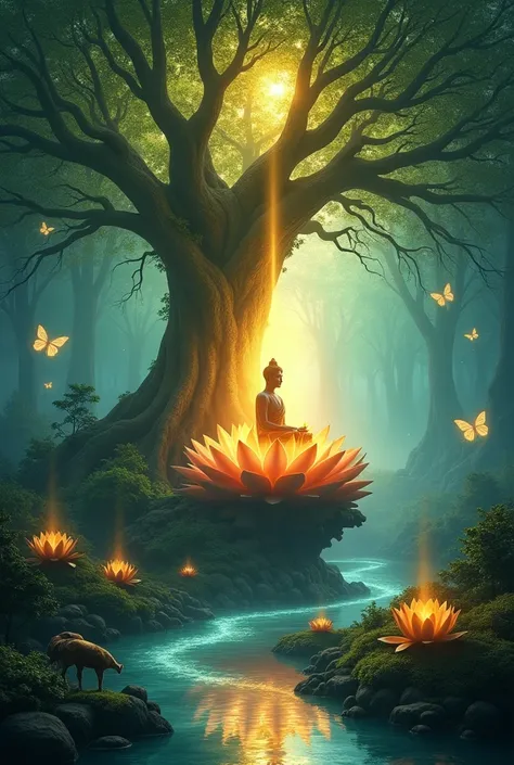 high quality, 8K Ultra HD ,realistic high quality, 8K Ultra HD ,realistic "Design a breathtaking Mystical Concept Artwork depicting the serene essence of Buddhist Dhamma within a magical forest. Place a glowing Buddha seated atop a giant lotus, radiating g...