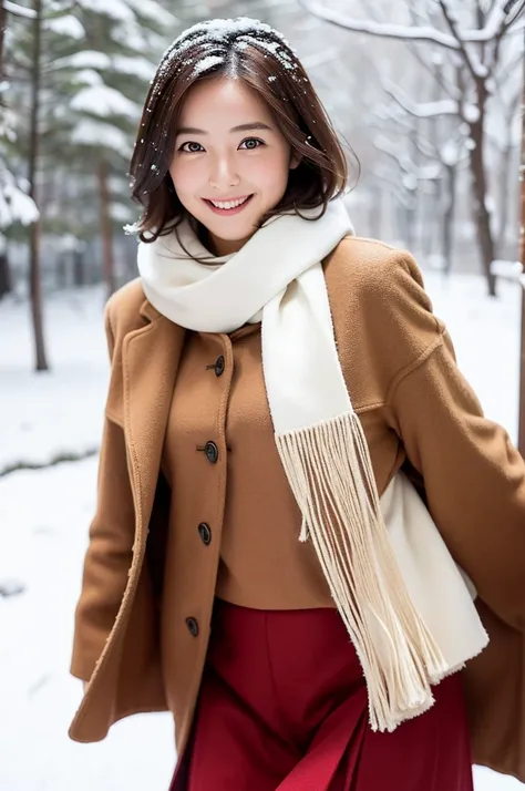 (8k, RAW photo, photorealistic, HQ, masterpiece), a cute Japanese girl,(glowing eyes), 
(light smile), brown hair, fluffy Pixie Bob hair, large breasts, curvy, (Stylish winter outfits, Scarf, coat, long skirt), 
standing pose, Seductive pose, (Snow is fall...