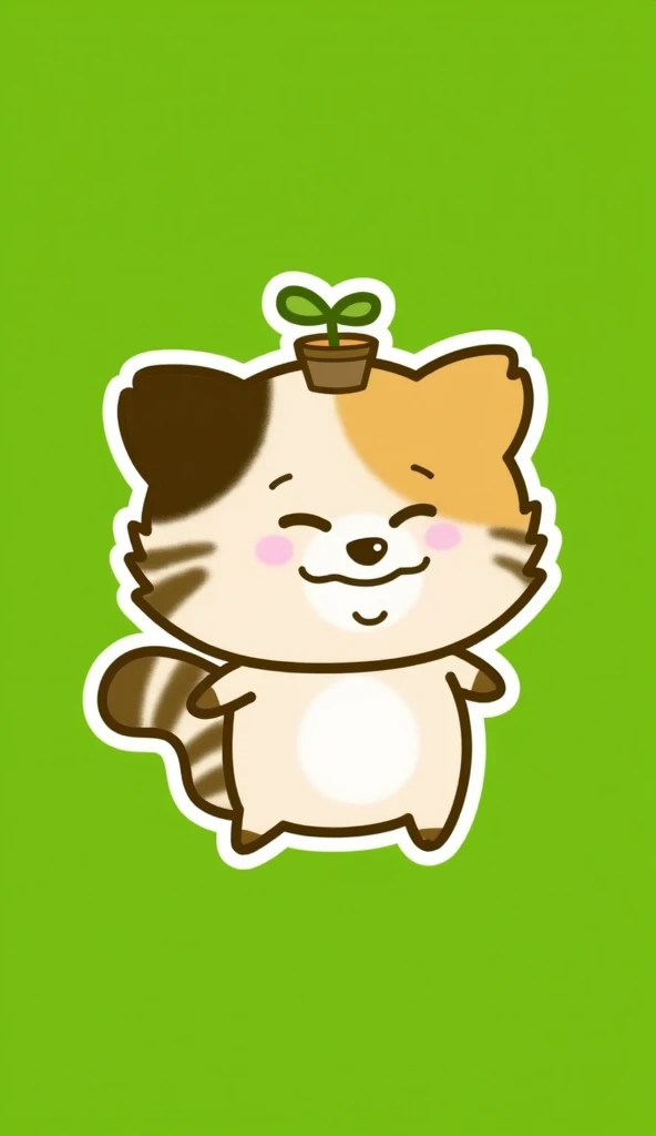 "Create cute ,  Cartoon-style character .  should have a round ,   chubby body is orange 、Light Brown ,  content A happy . Using the software,   character with a bright green background  , white,  Green、body ,  Place it on 、plant . Expression of monochroma...