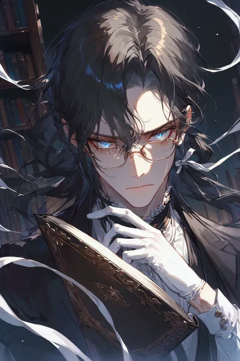 Illustration, highest quality, pixiv illustration, highly detailed, animated, ((male)) solo, detailed eyes and detailed faces, long hair, glasses, low ponytail tied with white ribbons, white gloves, neat black clothing, navy hair, sky blue eyes, library ba...