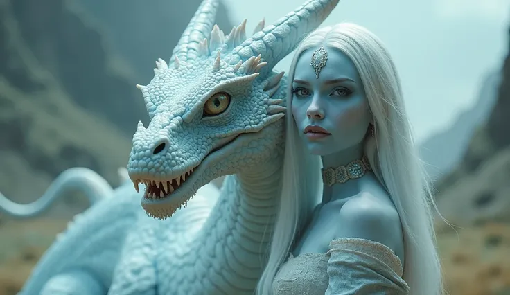 a light blue sexy beautiful alien girl with long white hair with her dragon. close picture