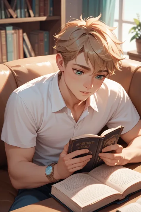 lovely looking teenage boy, reading a book, with sunset and heartwarming eyes 