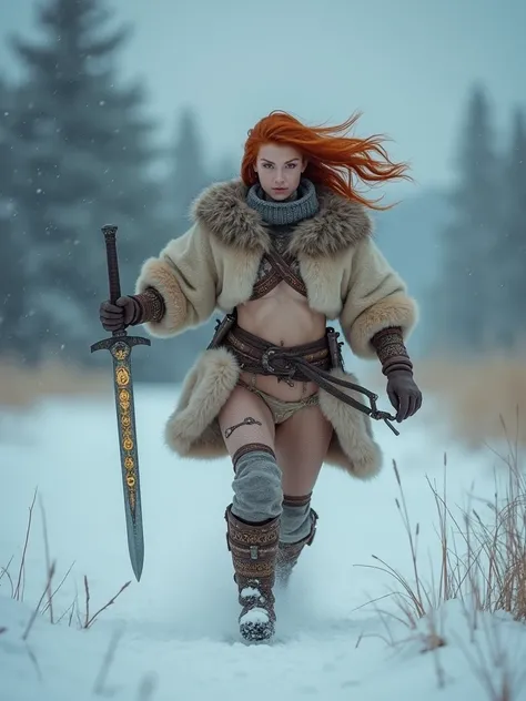 A photorealistic, highly detailed scene in ultra-high resolution (4K) depicting a Siberian sexy redhead girl warrior dressed in half naked, intricately crafted animal hides, wielding a slightly glowing sword. The sword is inscribed with mysterious glyphs t...