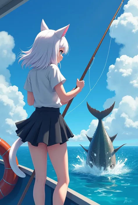 3D ANIME，CG， grows a pair of cat ears，The hair is white，The skirt is black， body like a cat ， Colourful environment ，Professional fisherman ， standing at sea at the head of the boat ， Takes a spear at a big fish 