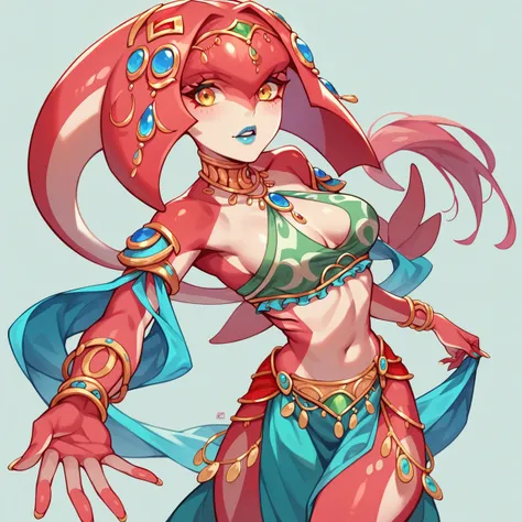 mipha in gerudo outfit, blue lipstick, oasis backround