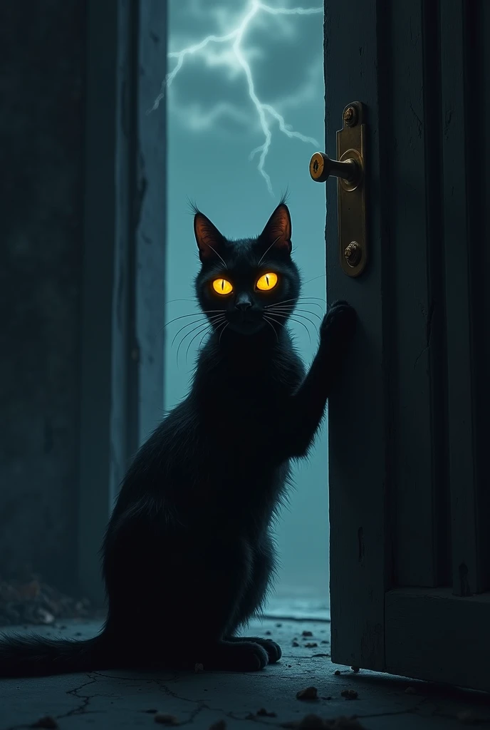 A black cat with yellow gloomy eyes was knocking at the door in thunder dark night 