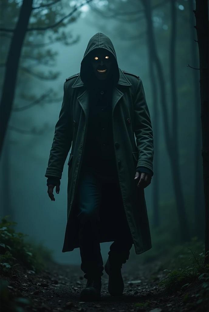 
"A mysterious figure steps out from the shadows of the dense forest, wearing a tattered old coat. The man has cold, piercing eyes and a faint, sinister smile. The light from the phone’s flashlight highlights the eerie expression on the stranger’s face as ...