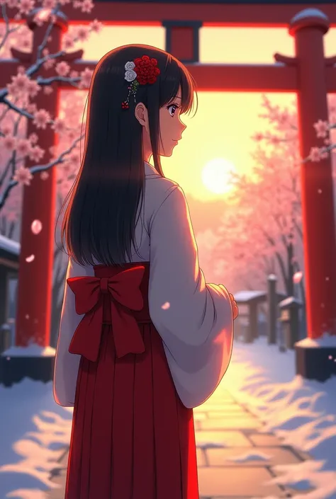 ((Top Quality)), ((Excellent)), (Details), ((Japanese)), ((Young Girl)), Outdoors, ((Shrine Maiden)), ((Cowboy Shot)), Shrine Maiden Costume, ((Red Hakama)), Long Sleeves, Highlights Cleavage, (Dawn), Stunning Setting, Sunny Weather, Snow Scene, Black Hair...