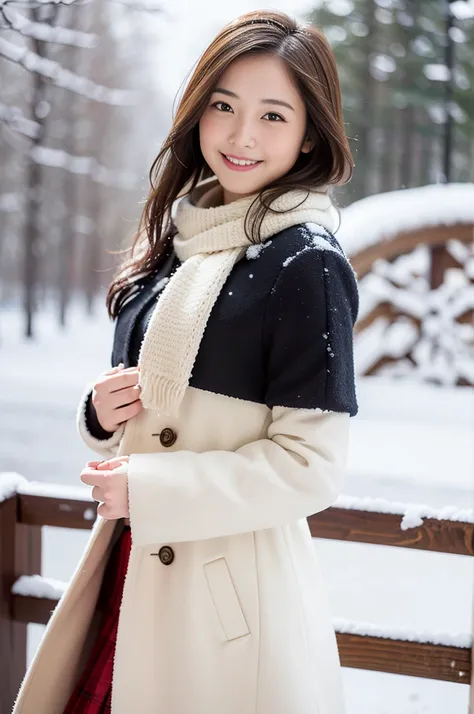 (8k, RAW photo, photorealistic, HQ, masterpiece), a cute Japanese girl,(glowing eyes), 
(light smile), brown hair, fluffy Pixie Bob hair, large breasts, curvy, (Stylish winter outfits, Scarf, coat, long skirt), 
standing pose, Seductive pose, (Snow is fall...