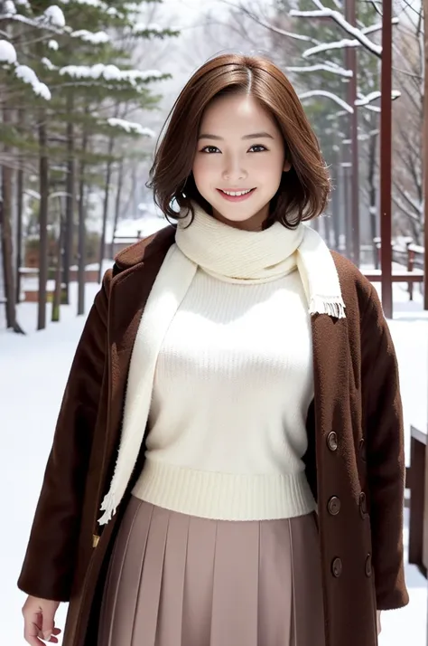 (8k, RAW photo, photorealistic, HQ, masterpiece), a cute Japanese girl,(glowing eyes), 
(light smile), brown hair, fluffy Pixie Bob hair, large breasts, curvy, (Stylish winter outfits, Scarf, coat, long skirt), 
standing pose, Seductive pose, (Snow is fall...