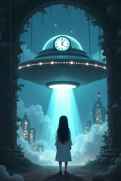 a steam UFO  coming out of a portal. the UFO has a clock on its front. the portal it comes out from is magical and glows brightly , meanwhile a  girl with white clothes and long black-dark hair stairing at the UFO from the window.