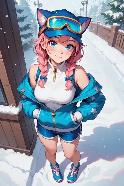 1girl, animal ears, baseball cap, blue-tinted eyewear, blue eyes, blue footwear, blue headwear, blue jacket, blue shorts, blush, braid, cat ears, christmas lights, closed mouth, eyewear on headwear, from above, full body, goggles, goggles on headwear, hand...