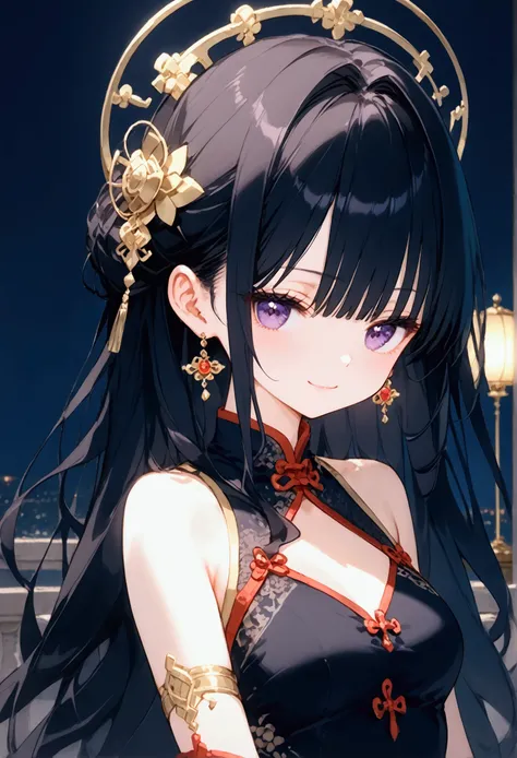 nstw, ((masterpiece)), ((best quality)), (ultra-detailed), ((sexy)), (ero), sacred place, evening, a cute girl, 1girl, solo, Chinese dress, beautiful black hair, beautiful purple eyes, ((beautiful eyes)), hair ornaments, triumphant look, smug look, self-sa...