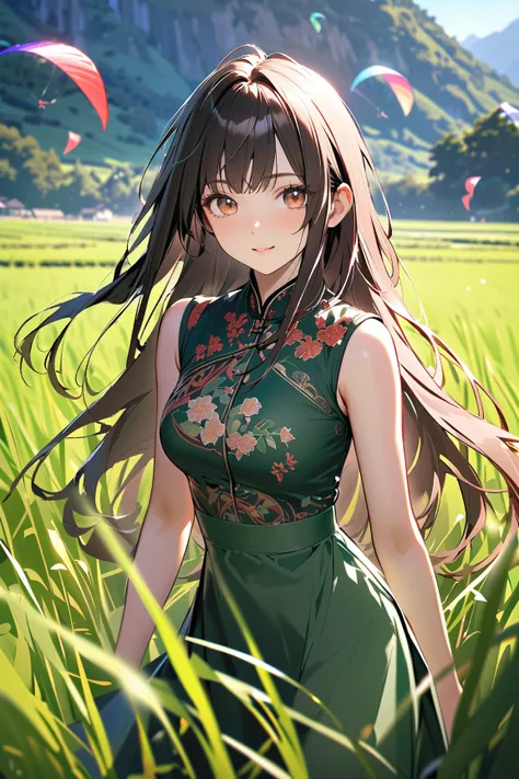 1 girl, (cute face), (long straight hair:1.2), (deep brown eyes), medium breasts, slim, (wearing a traditional Vietnamese áo dài), (with floral patterns), BREAK  
Lush rice fields, distant mountains, (colorful kites flying:1.2), (walking through the fields...