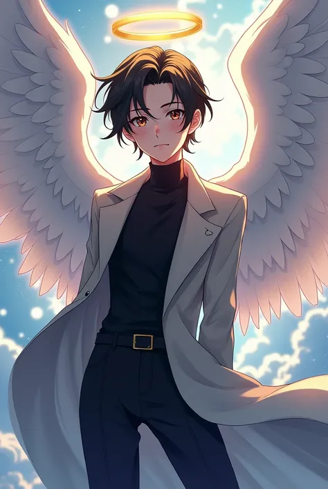 Make an anime singer angel boy with black clothes, a golden ring on his head, 2 white wings at back