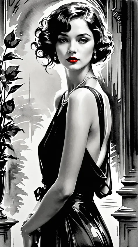 elegant woman，black and white，pen sketch drawing，loose brushwork，Pen outlines delicate lines，Fluid action，Subtle shades of paint，elegant posture，A peaceful expression，Delicate facial features，black andwhite，to clean, small red color. red lips, black dress,...