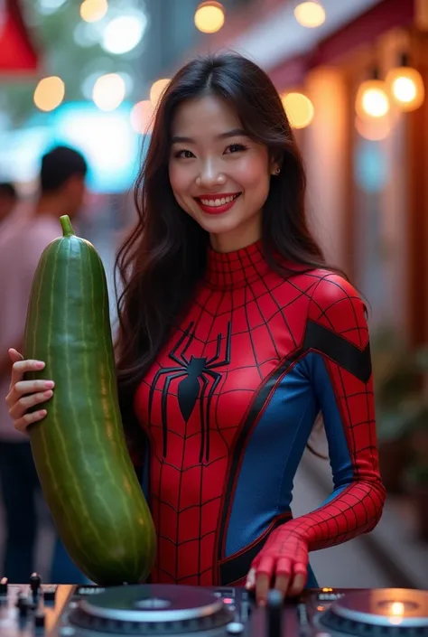 Beauty asian woman 20 years old wearing spiderman costume right hand holding a large cucumber and left hand holding DJ music is in front of the woman, smile to camera