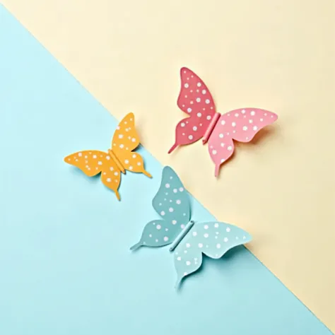 A minimalist composition featuring colorful paper butterflies with polka dots, positioned on a pastel beige and blue diagonal split background. The butterflies have soft, folded wings, appearing three-dimensional and delicate. The design emphasizes a seren...