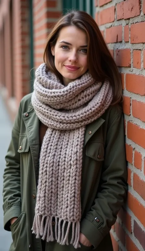 A woman in her 30s, wearing a knitted scarf and jacket, posing against a rustic brick wall.