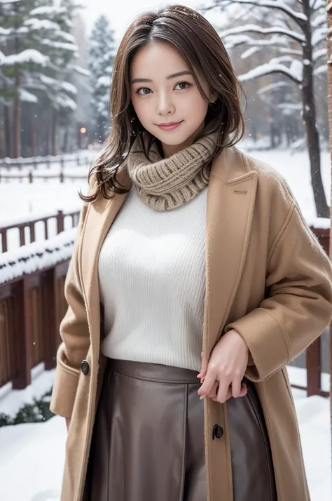 (8k, RAW photo, photorealistic, HQ, masterpiece), a cute Japanese girl,(glowing eyes), 
(light smile), brown hair, fluffy Pixie Bob hair, large breasts, curvy, (Stylish winter outfits, Scarf, coat, long skirt), 
standing pose, Seductive pose, (Snow is fall...