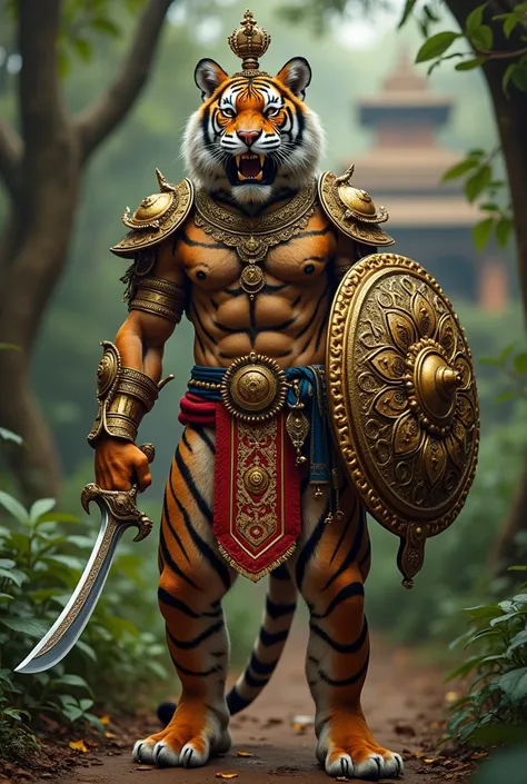 An Indian tiger warrior standing upright like a human, radiating raw power and regality. The tiger’s muscular body is adorned with traditional Indian-inspired armor, featuring intricate gold and red designs with motifs of lotus flowers and ancient patterns...