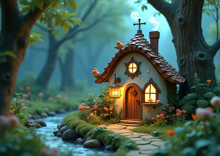  High quality 3D rendering 、  flowers and green forest views  、 cute milk pot house where little people live、 light shining through the window 、white smoke from the chimney  、 a few birds perched in a tree  、A stream flows、Night Scenery