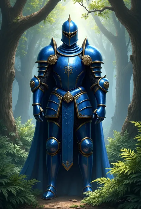 Imposing knight in blue armor in a forest 