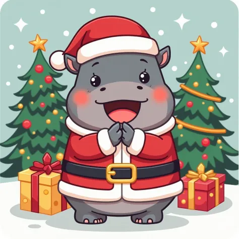 Cute cartoon japanese kawaii grey pygmy hippo, Sticker style, smile face, wear red santa hat, wear santacause costume , happy face and open mouth,With White Beard on face, Christmas theme ,with christmas tree, pray hand, look like pygmy hippo moo deng