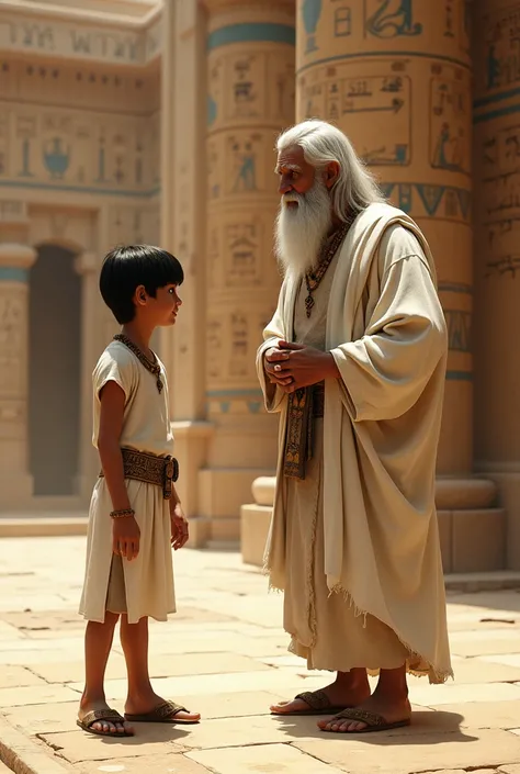 Egyptian ,  Black Haired, Brunette skin , beyaz kıyafetli ve kahverengi sandaletli bir oğlan çocuğu ile Egyptian , Old , wise man with white beard , in white clothes talks to each other 