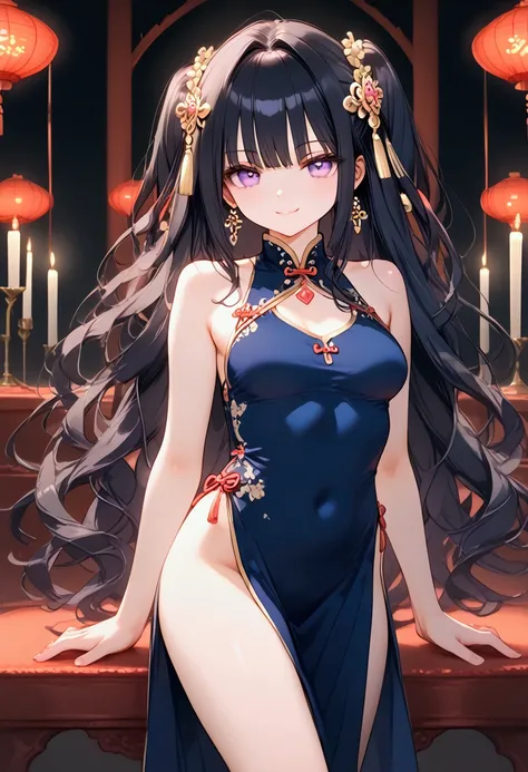 nstw, ((midium breasts)), full body, realistic skin, high quality skin,  ((masterpiece)), ((best quality)), (ultra-detailed), ((sexy)), (ero), sacred place, evening, a cute girl, 1girl, solo, Chinese dress, beautiful black hair, beautiful purple eyes, ((be...