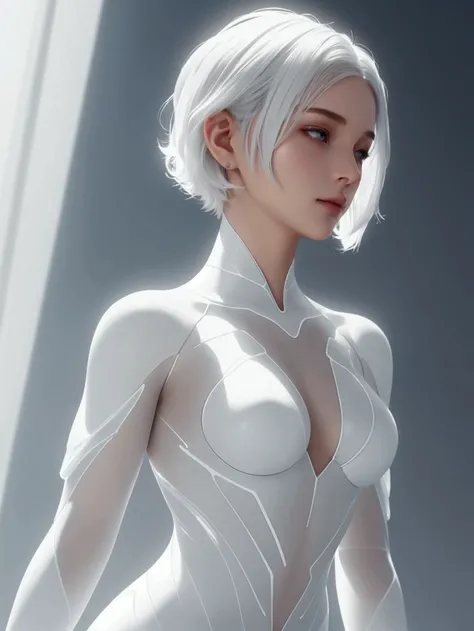 A  serene, futuristic woman with short white hair, glowing softly under ethereal light, wearing a translucent, sculpted outfit resembling liquid glass, highlighting her elegant form. The background is minimalistic with a soft gray gradient, enhancing the s...