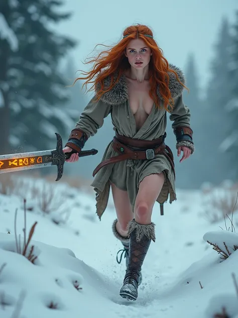 A photorealistic, highly detailed scene in ultra-high resolution (4K) depicting a Siberian sexy redhead girl warrior naked,  wielding a slightly glowing sword. The sword is inscribed with mysterious glyphs that emit a faint, otherworldly light, subtly illu...