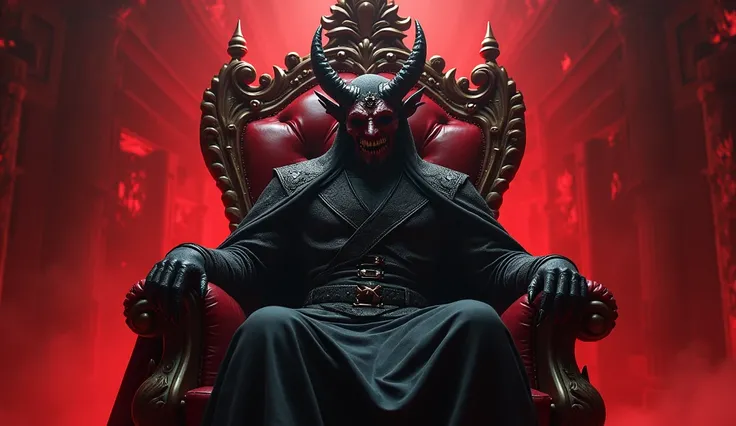 A demon king with face mask and demon king seems like human seat on a throne the back ground of image will red and creep