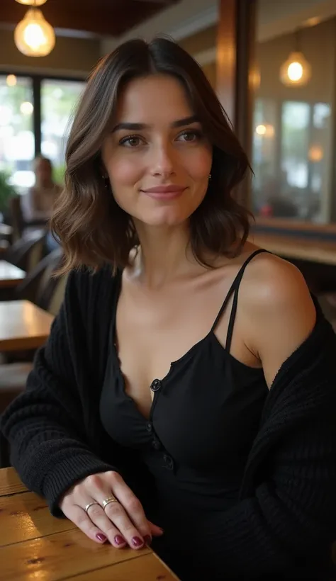 A woman with a calm expression, dressed in a stylish black dress and cardigan, sitting at a café table with a vintage feel.