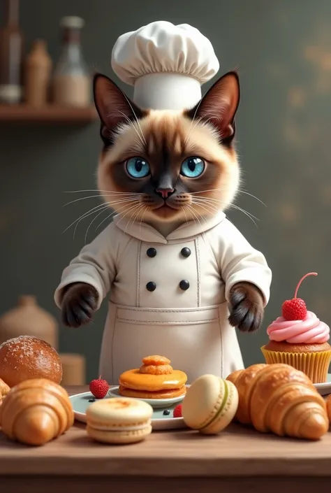 Siamese chefs cat with pastries on the table